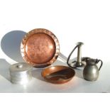 A Hugh Wallace copper dish, 29cms diameter; together with a Borrowdale copper bowl, 22cms