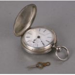 A white metal cased key wound full hunter pocket watch, the white enamel dial with Roman numerals