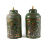 A pair of 19th century chinoiserie toleware tea caddy's converted to lamps, overall 48cms high (2).