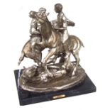 After Fredrick Remington. A silvered bronze group on a marble plinth - Polo - 49cms high.