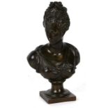 A French bronze bust depicting a classical lady wearing a jewelled headdress, 23cms high.