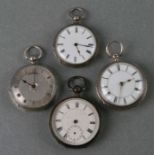 A group of four silver cased open faced fob watches, various dates and maker's, the largest 4.5cms