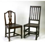 A 19th century oak hall chair with pierced back splat, solid seat and tapering square legs joined by