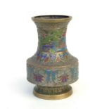 A Japanese brass and enamel vase, 21cms high.