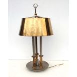 A French plated and brass three-column table lamp, overall 76cms high.