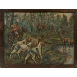 An early 20th century carved wooden panel depicting a stag hunting scene with hounds, huntsmen and