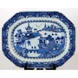 An 18th century Chinese blue & white Willow pattern meat dish, 33cms wide.Condition ReportFritting