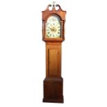 A longcase clock, the 34cms square arched painted dial with Roman numerals, subsidiary seconds dial,