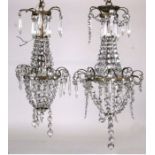 A pair of bag chandeliers with prismatic glass drops, each approx. 40cms high;