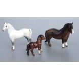 Three Beswick ponies, Welsh Mountain, first version, 1643; Shetland 1033; and Shetland foal 1034 (