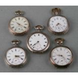 A group of five silver cased open faced pocket watches (5).