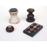 Four novelty desk top items to include a small sundial on red marble pedestal base; a compass