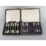 A set of six silver teaspoons and sugar nip set, Sheffield 1924, weight 107g, cased; together with a