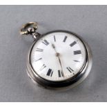 A George IV silver pair cased pocket watch, the white enamel dial with Roman numerals, the fusee