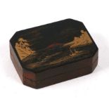 An 18th century Japanese lacquer on tin snuff box of rectangular form with canted corners, the lid