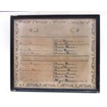 A 19th century French family history sampler within a scrolling foliate border, framed & glazed,