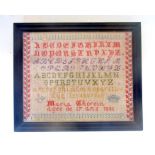 A late 19th century French needlework sampler, Maria Chorein aged 17 and dated 1881, with alphabet