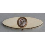 A Regency ivory yellow metal mounted toothpick box of navette form, the top with yellow metal and
