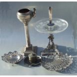 A silver plated and etched glass eperne (lacking flute), 35cms high; together with a silver plated