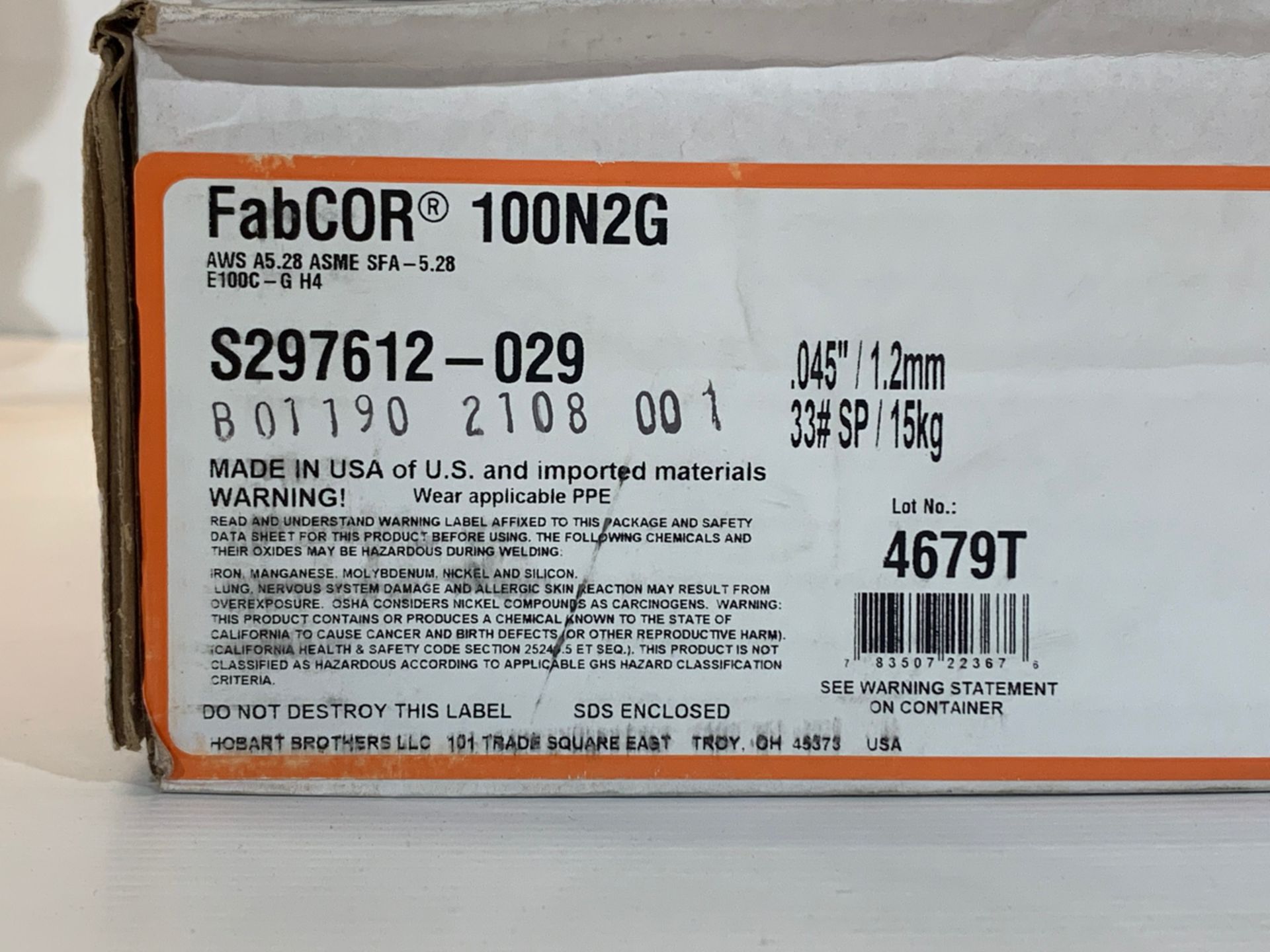HOBART STL WELDING WIRE FABCOR 100N2G, DIA.: 0.045” (1.2mm), 15KG SPOOL/BOBINE *** DUE TO COVID - Image 2 of 3