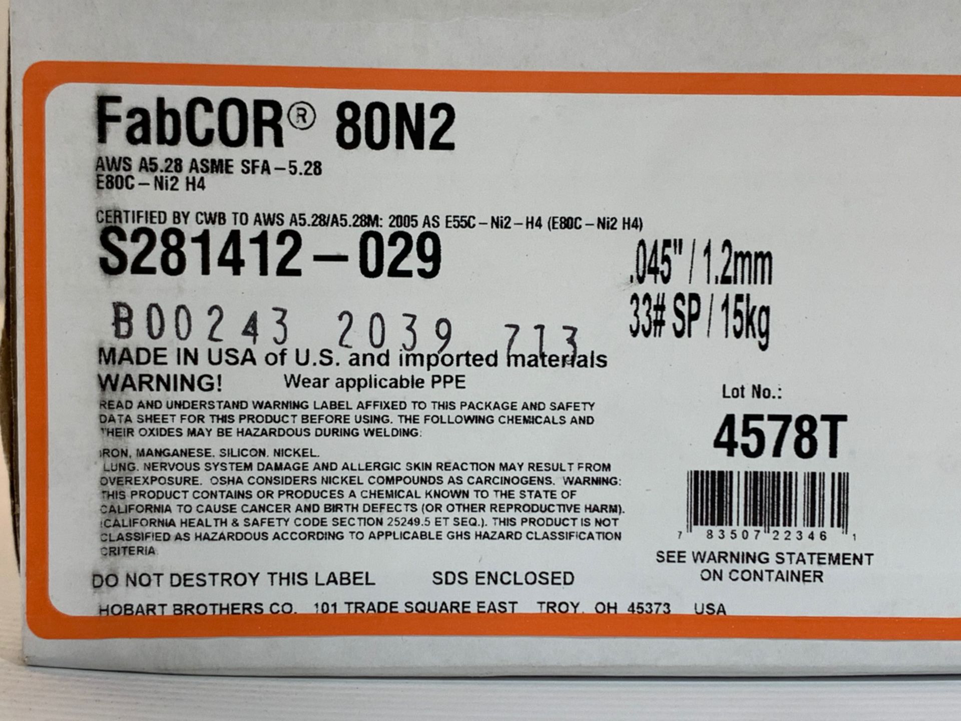 HOBART STEEL WELDING WIRE E80C-Ni2, DIA.: 0.045” (1.2mm), 15KG SPOOL/BOBINE *** DUE TO COVID - Image 2 of 3