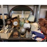 LARGE OVAL MIRROR, BRASS CANDLESTICKS, LAMP. CUTLERY ETC