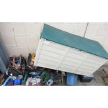 CRATES OF TOOLS, GARDEN EQUIPMENT & PLASTIC GARDEN STORAGE BOX