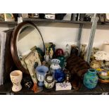 SHELF TO INCLUDE OVAL WALL MIRROR, LADIES FUR JACKET, COLLECTABLES, ETC