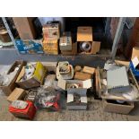 SHELF OF RADIO SPARE PARTS, SWITCHES, GEAR, TESTING EQUIPMENT, LIGHTS ETC