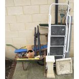 LARGE METAL WHEELBARROW INCLUDING TOOLS, STEP LADDER & BIRD BATH