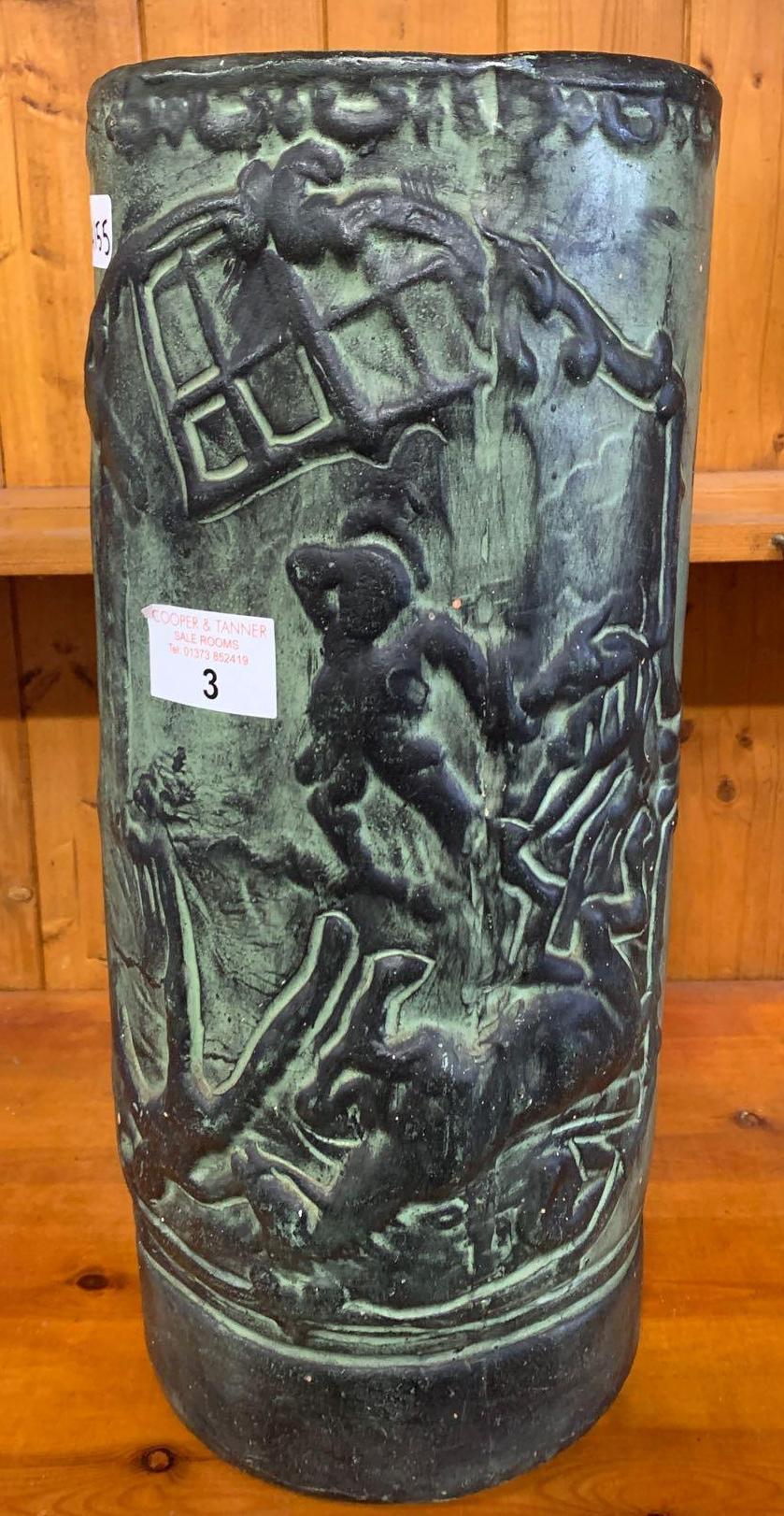 LARGE GREEN CERAMIC STICK STAND DECORATED WITH FIGURES - Image 2 of 2