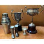 3 WHITE METAL TROPHIES, COCKTAIL SHAKER & 2 SPIRIT MEASURES IN THE FORM OF RIDING BOOTS