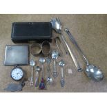 SILVER CIGARETTE CASE, PAIR OF SILVER SERVING SPOONS, SILVER NAPKIN RINGS ETC, 363 GRAMMS