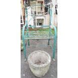 GREEN PAINTED WROUGHT IRON GARDEN CHAIR & RECONSTITUTED STONE PLANTER