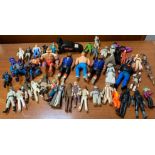BOX OF ACTION FIGURE TOYS INCLUDING MR T, STAR WARS ETC
