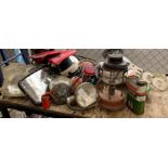 SHELF OF CAR LAMPS, LIGHTS, CASTROL OIL CAN, CAR SIGNS ETC