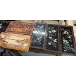 2 WOODEN CARVED WALL PLAQUES & 3 ORIENTAL PLAQUES