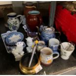 HALF SHELF OF ORIENTAL CHINA, TO INCLUDE A PAIR OF FO DOGS, POTS, CREAM JUGS & VARIOUS ORNAMENTS