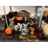 SHELF OF CHINA, GLASSWARE, LADIES FUR STOLE & COLLECTABLES
