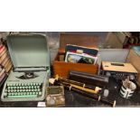 PART SHELF OF COLLECTABLES, INCLUDING ROBERTS RADIO, SMALL BOX OF COINS, CUTLERY, STAMP ALBUM ETC