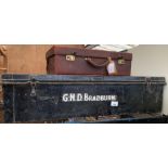 METAL TRAVEL TRUNK & BROWN SUITCASE