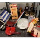 4 TABLE LAMPS, CHILDREN'S TOYS INCLUDING A SINDY SHOWER, LEATHER HANDBAGS ETC