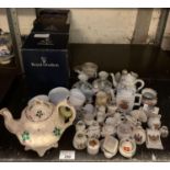 4 BOXED ROYAL DOULTON FIGURES OF LADIES, CRESTED WARE, MINIATURE TEAPOTS, JUGS ETC