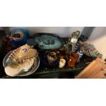 SHELF OF CHINA, COLLECTABLES, GLASSWARE, STUDIO POTTERY PATTERNED TRAY, ORNAMENTS ETC