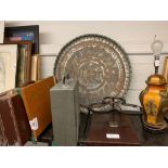 LARGE METAL DECORATIVE PLATE, TABLE LAMP, SUITCASE, PAPER GUILLOTINE ETC