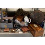 SMALL SEWING BOX, MUSICAL CIGARETTE BOX, CHINA ITEMS, SMALL BOX OF COINS & MILITARY JACKET