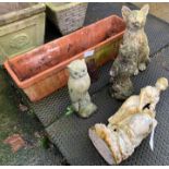 TERRACOTTA TROUGH, 2 RECONSTITUTED STONE OWLS, 2 PLASTIC FIGURES & METAL OWL