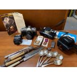 BOX OF COLLECTABLES, INCLUDING CAMERA & CUTLERY ITEMS