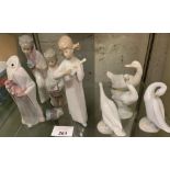 3 LLADRO FIGURES OF CHILDREN WITH GIFTS, 3 LLADRO FIGURES OF GEESE, A NAO FIGURE OF A GOOSE AND