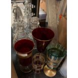 6 CUT GLASS DECANTERS, GOBLETS ETC